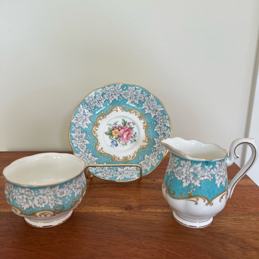 Royal Albert Enchantment-Blue and Gold Floral Cream and Sugar Set with saucer